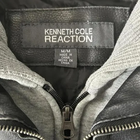 KENNETH COLE Vintage Mens M/L Black Bomber Moto Jacket w/ Zip-Out Fleece Hood - Picture 6 of 9